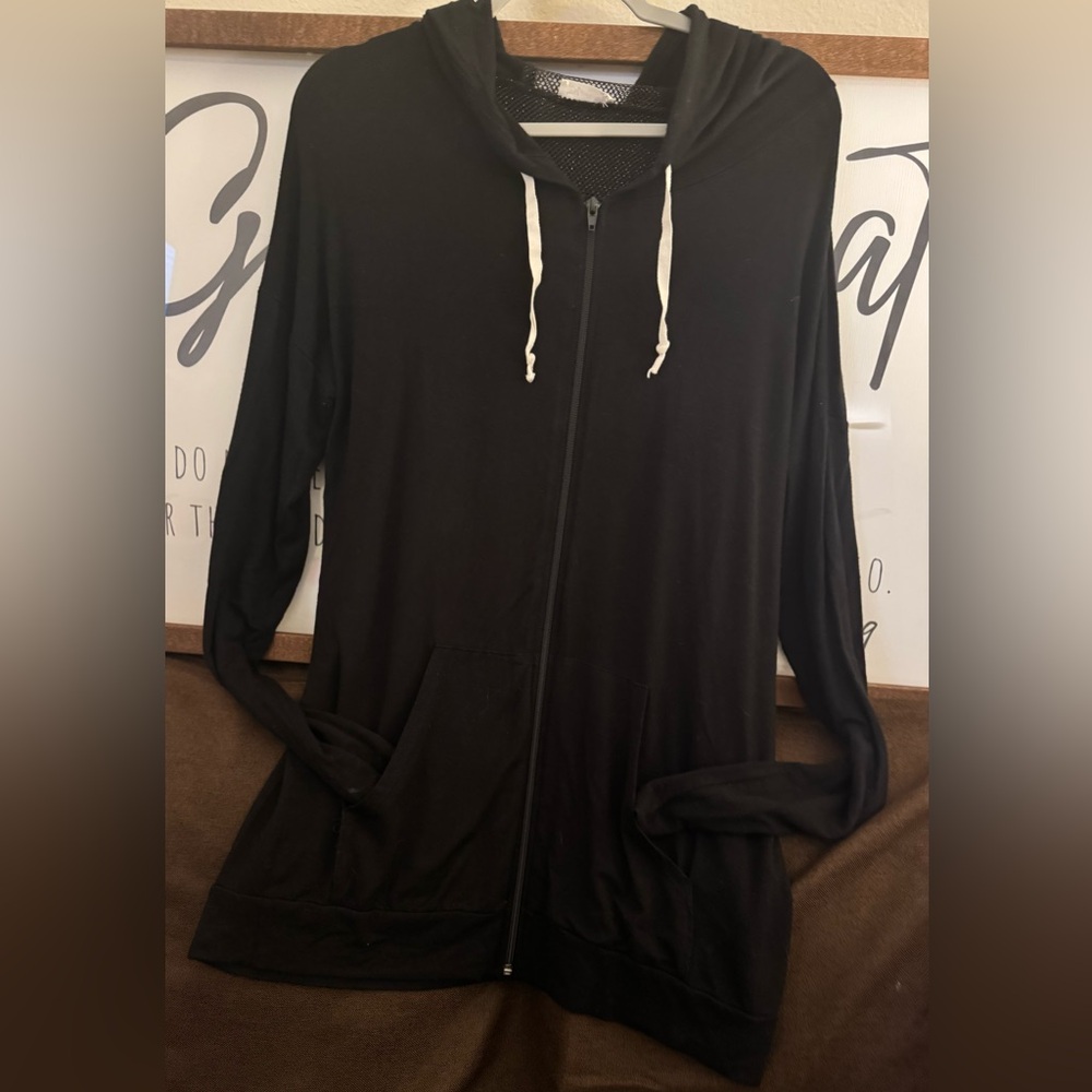 Blumin apparel Black Zip-Up Hoodie with White Drawstrings mesh detail on back